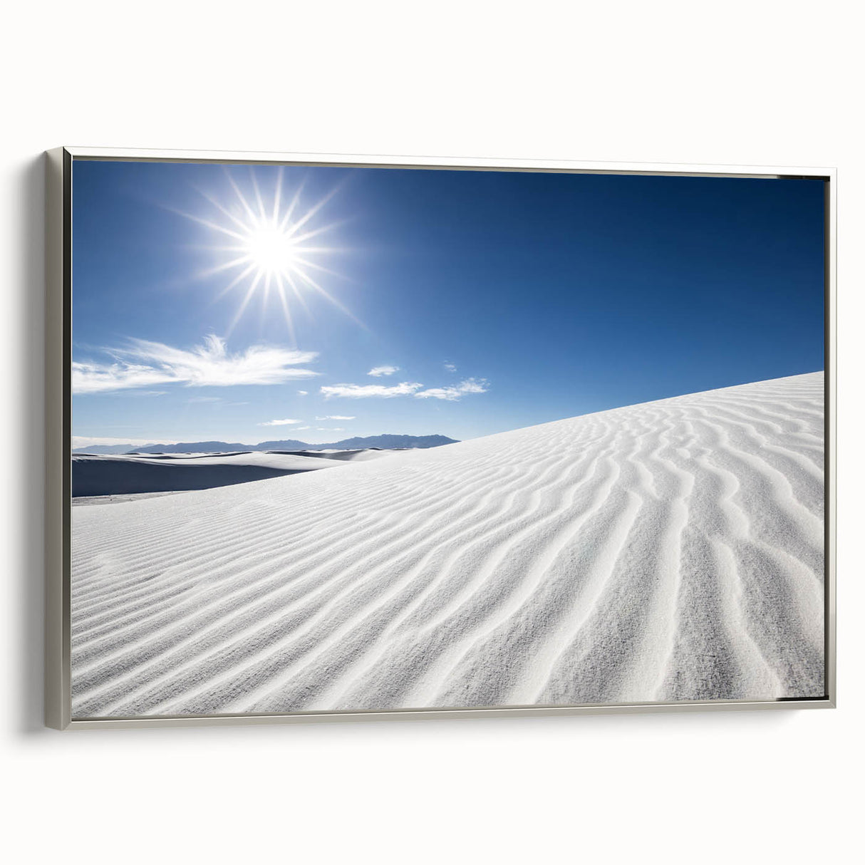 Landscape painting of White Sands, New Mexico on a framed canvas, featuring silver tones and black accents.