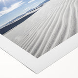 Art deco poster depicting the White Sands of New Mexico in soft beige and white tones, on rolled canvas.