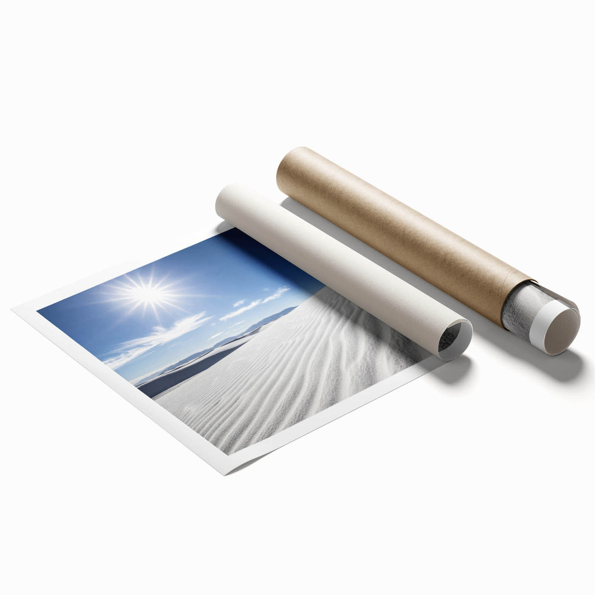 White sands landscape in pale beige and blue tones on a large rolled canvas.