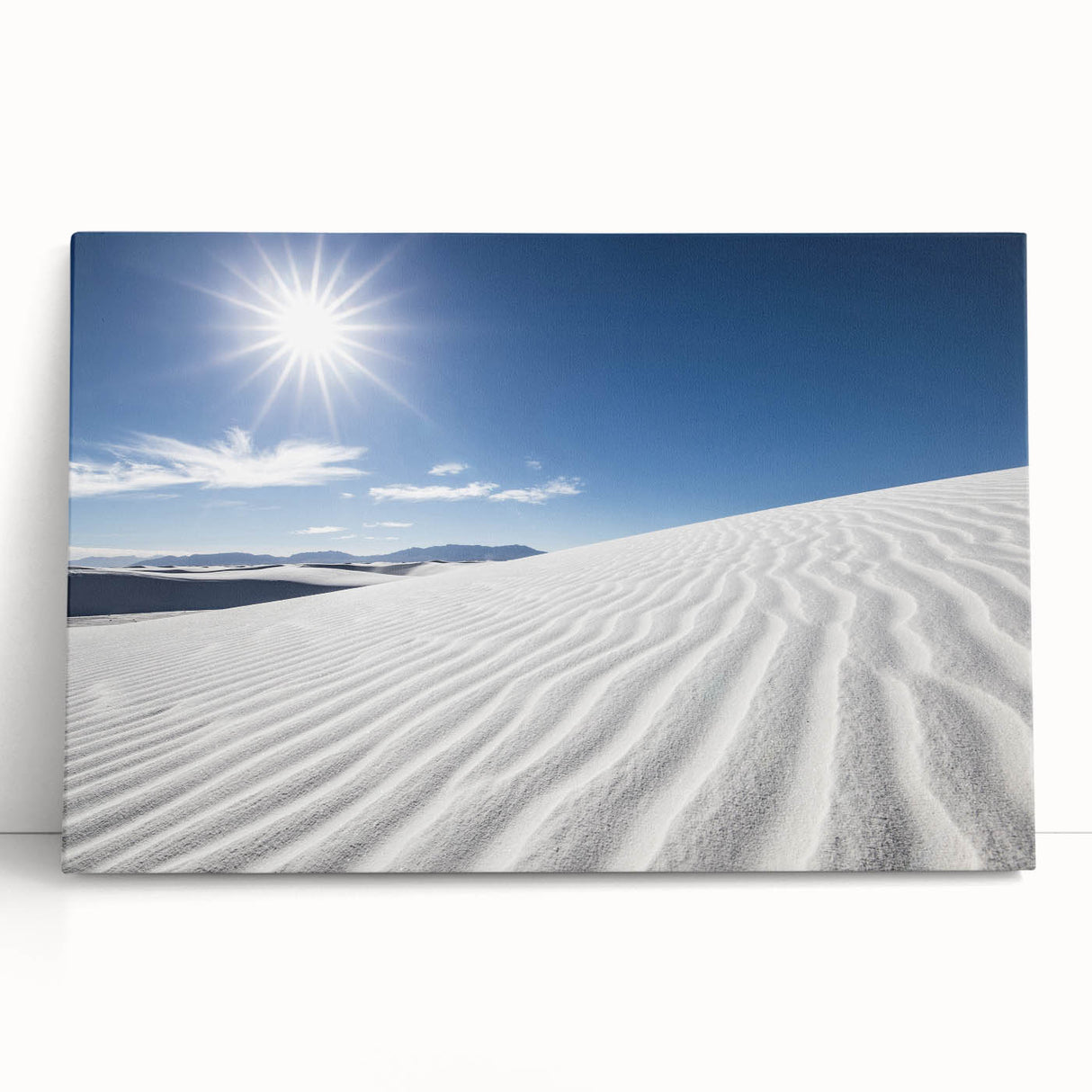 Black and white photograph of White Sands, New Mexico on stretched canvas, ideal for kitchen wall art or bedroom.