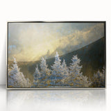 Mid-century modernist art depicting the Blue Ridge Mountains in muted blue and green tones on a framed acrylic print.