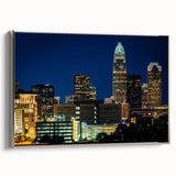 Framed canvas of Charlotte, North Carolina landscape with colorful art in a vintage poster style, ideal for office decor.