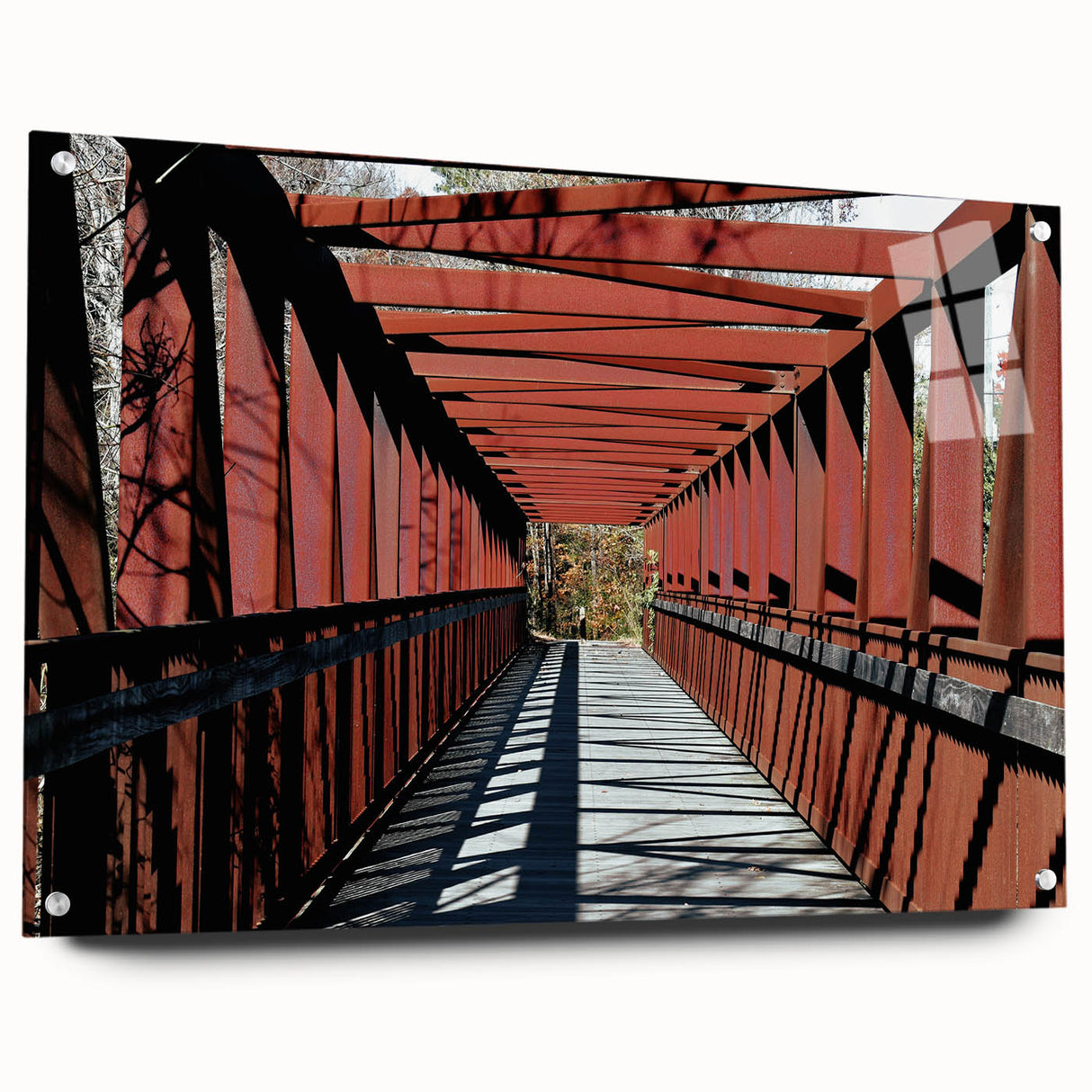 Acrylic print of a large abstract depiction of Durham, North Carolina in muted earth tones.