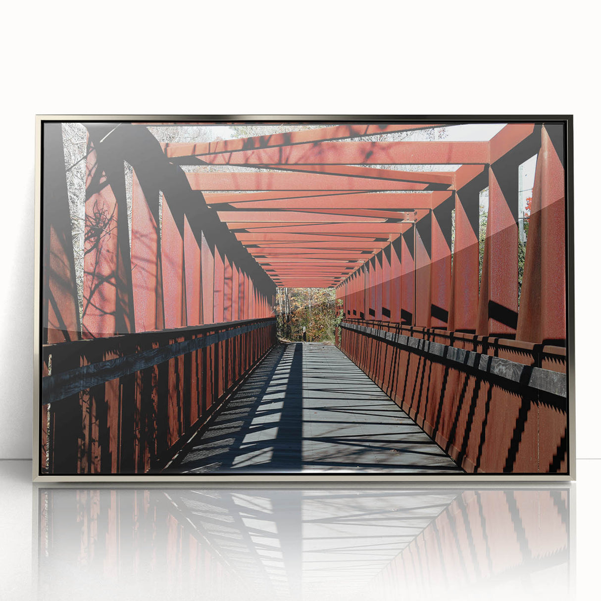 Mid-century modernist art depicting Durham, North Carolina skyline in muted silver and gray tones on a framed acrylic print.