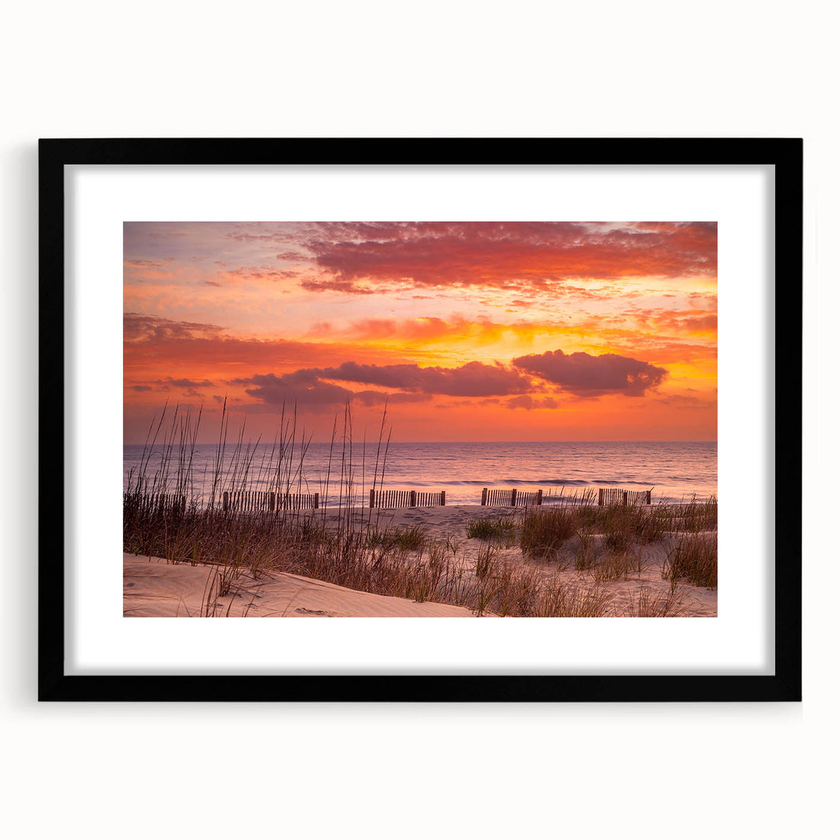 Abstract art print of Outer Banks with textured, colorful strokes on extra large canvas, framed in black.
