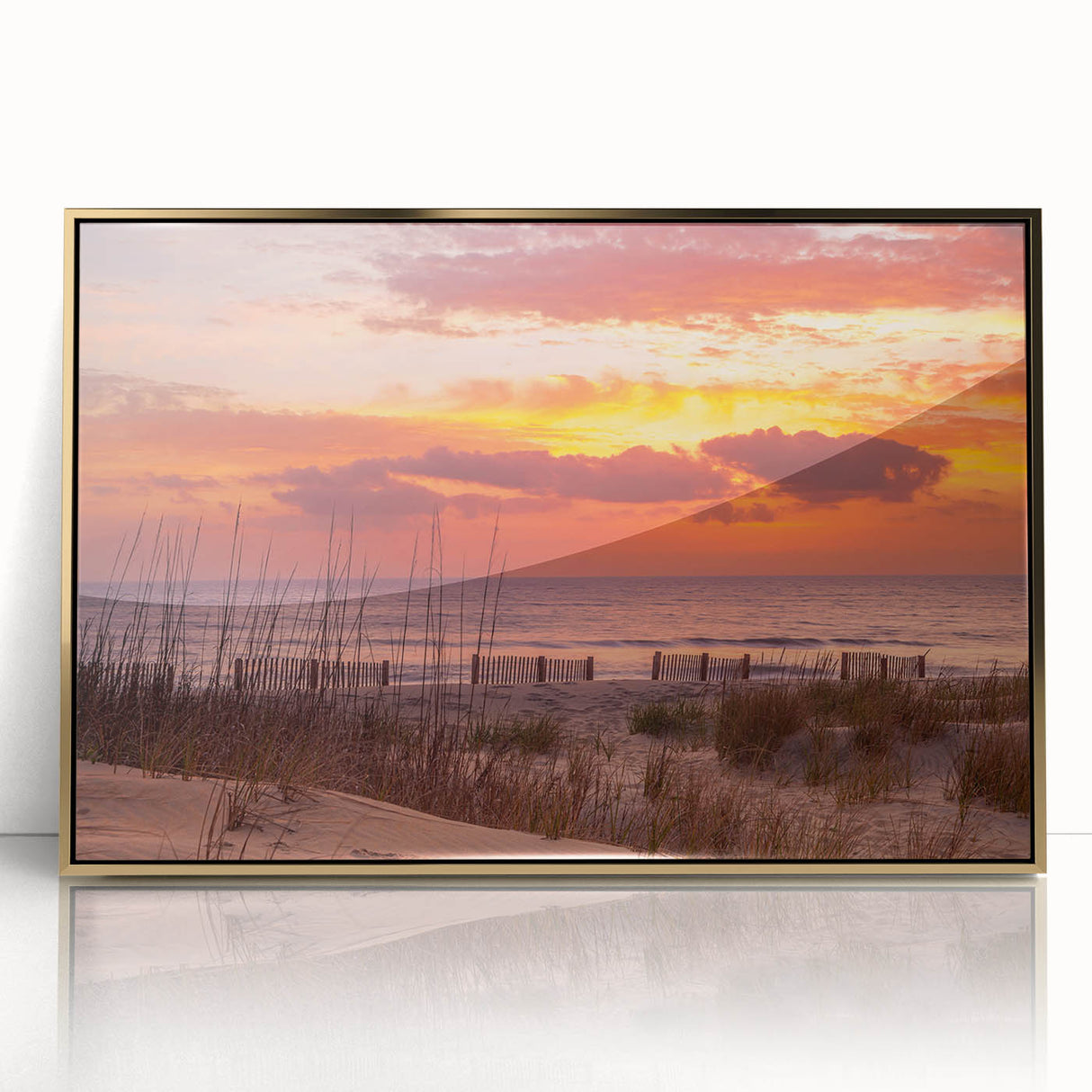 Acrylic print of Outer Banks, North Carolina scenery with gold frame, ideal for modern art wall decor.