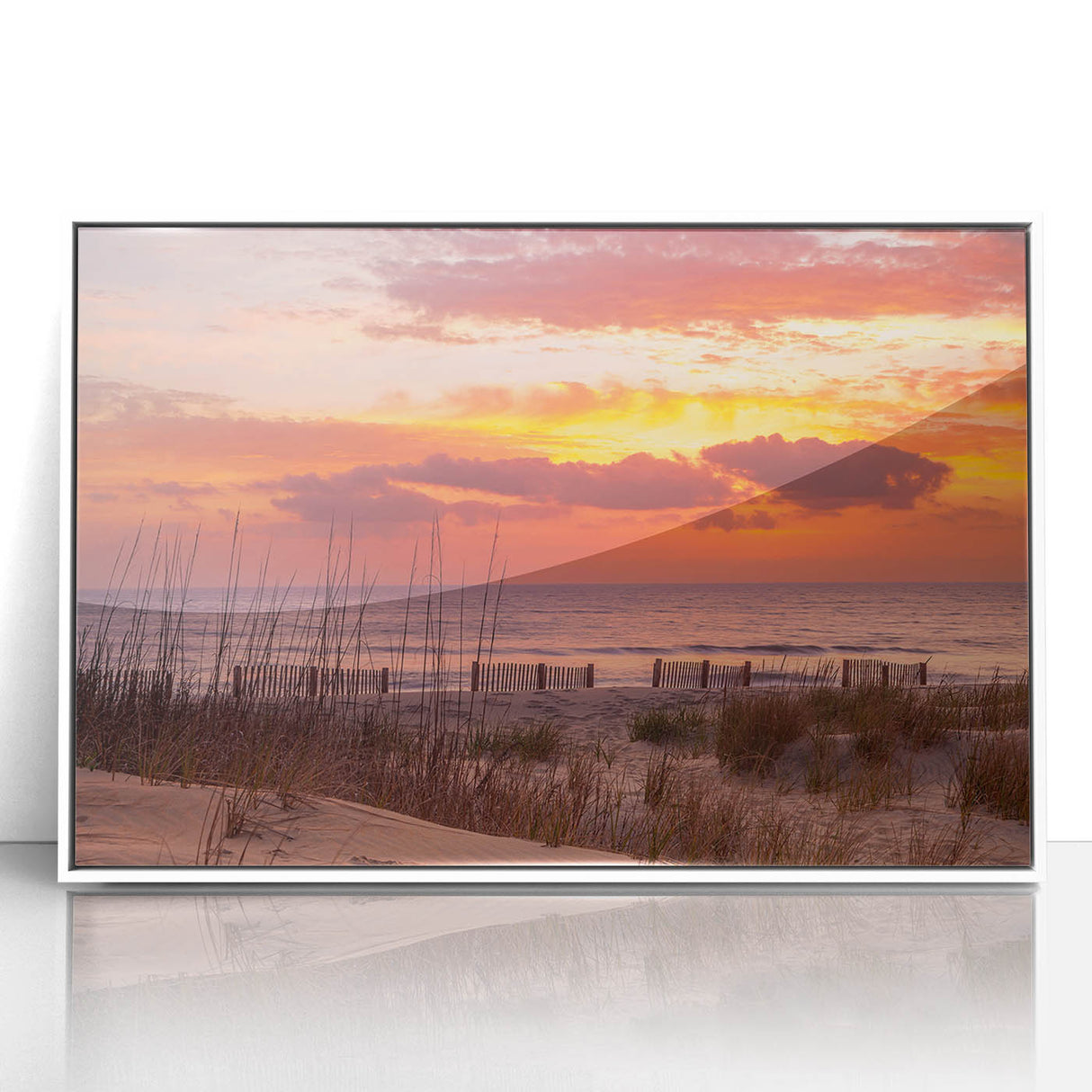 Art deco poster of the Outer Banks in North Carolina, featuring serene blue tones on a framed acrylic.