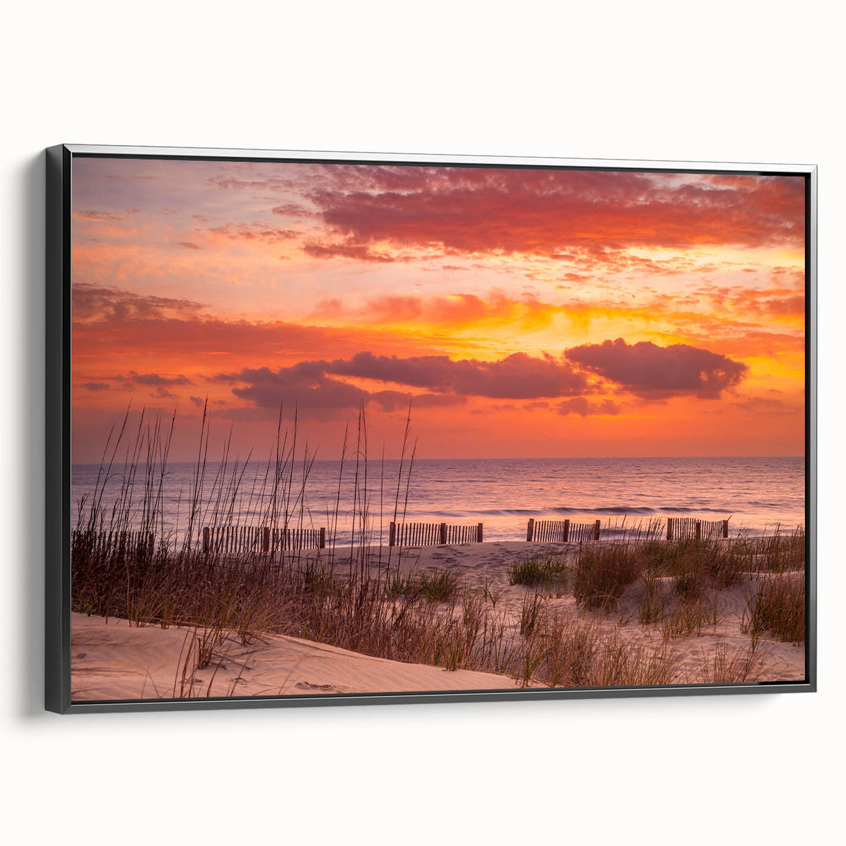 Black and white landscape art painting of the Outer Banks on framed canvas, suitable for bedroom decor.