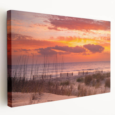 Outer Banks, North Carolina scenery on large stretched canvas, with serene blue and beige tones, ideal for kitchen wall art.