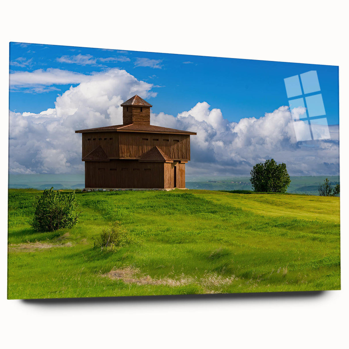 Large abstract wall art of North Dakota scenery in muted earth tones on acrylic glass.