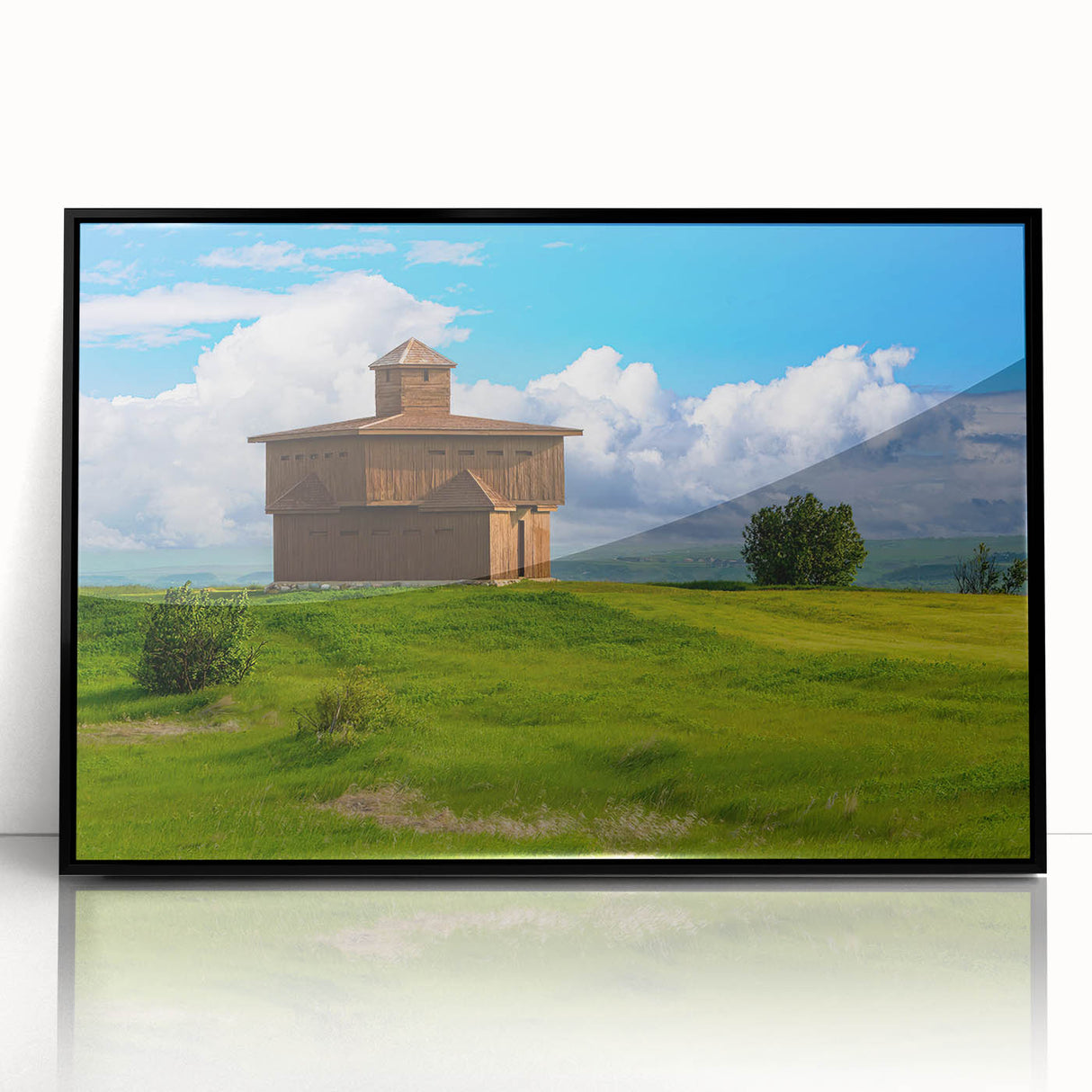 Large abstract wall art depicting a North Dakota landscape in muted earth tones on a black framed acrylic print.