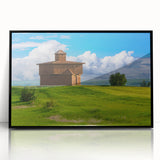 Large abstract wall art depicting a North Dakota landscape in muted earth tones on a black framed acrylic print.