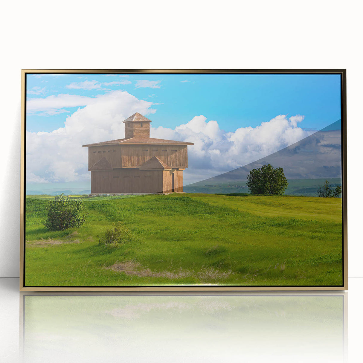 Large art print of North Dakota scenery in mid-century modernist style, framed in acrylic with gold tones.