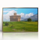 Large art print of North Dakota scenery in mid-century modernist style, framed in acrylic with gold tones.