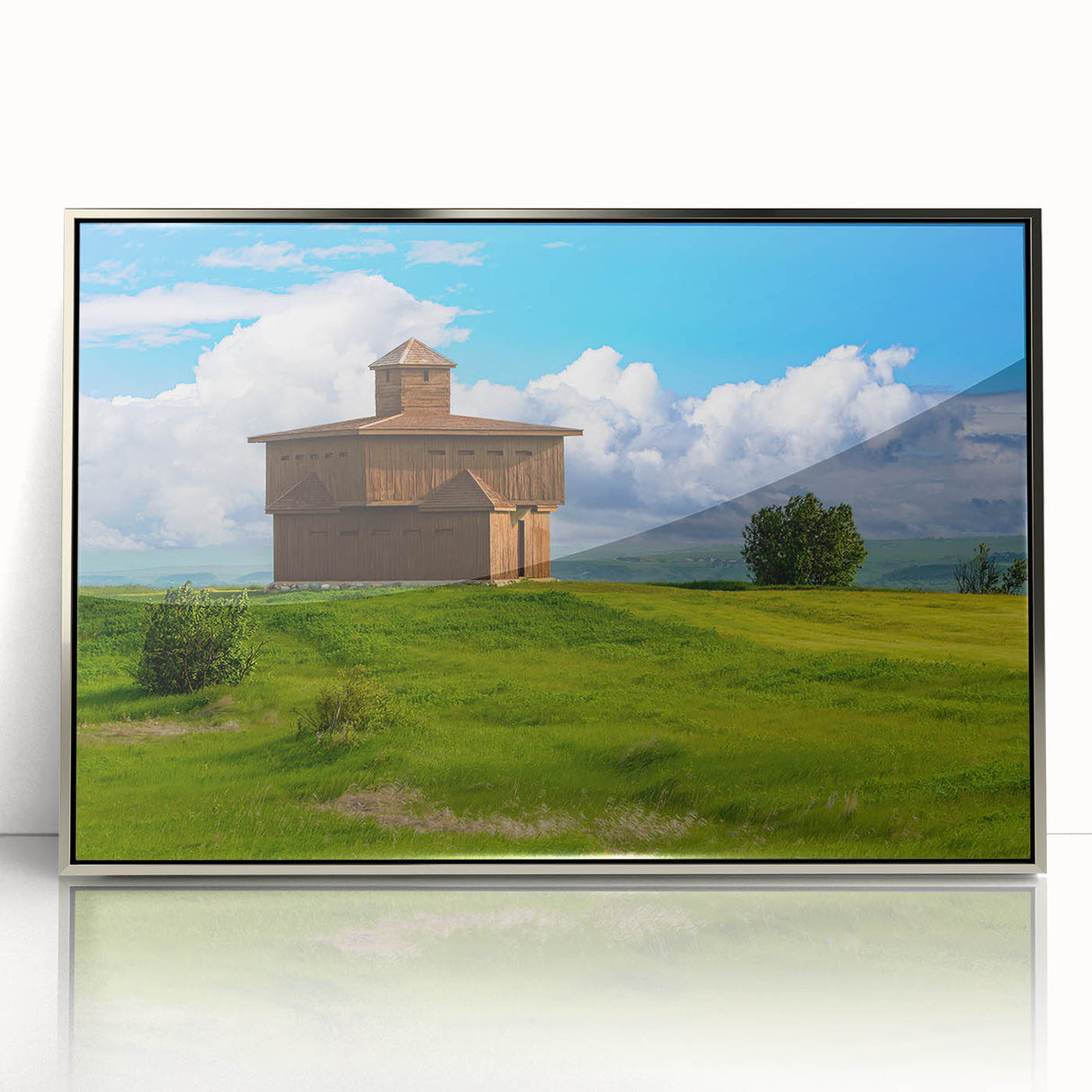 Mid-century modernist art depicting North Dakota scenery in muted earth tones on a silver-framed acrylic print.