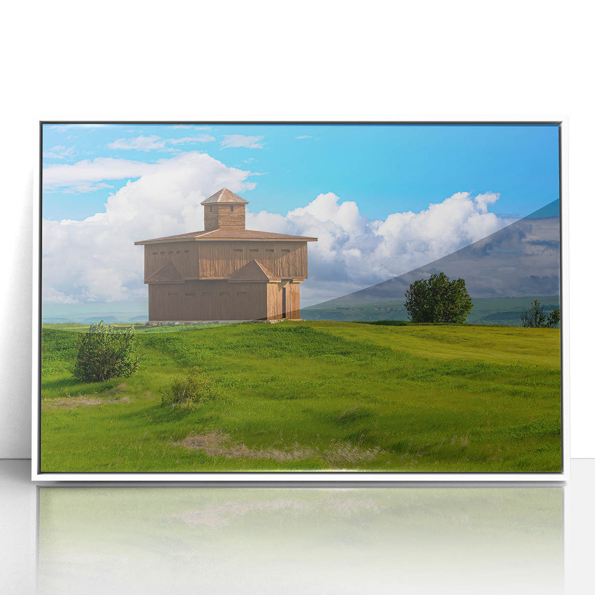 Acrylic print of a serene North Dakota landscape in pastel shades, framed in white, suitable for modern nursery decor.