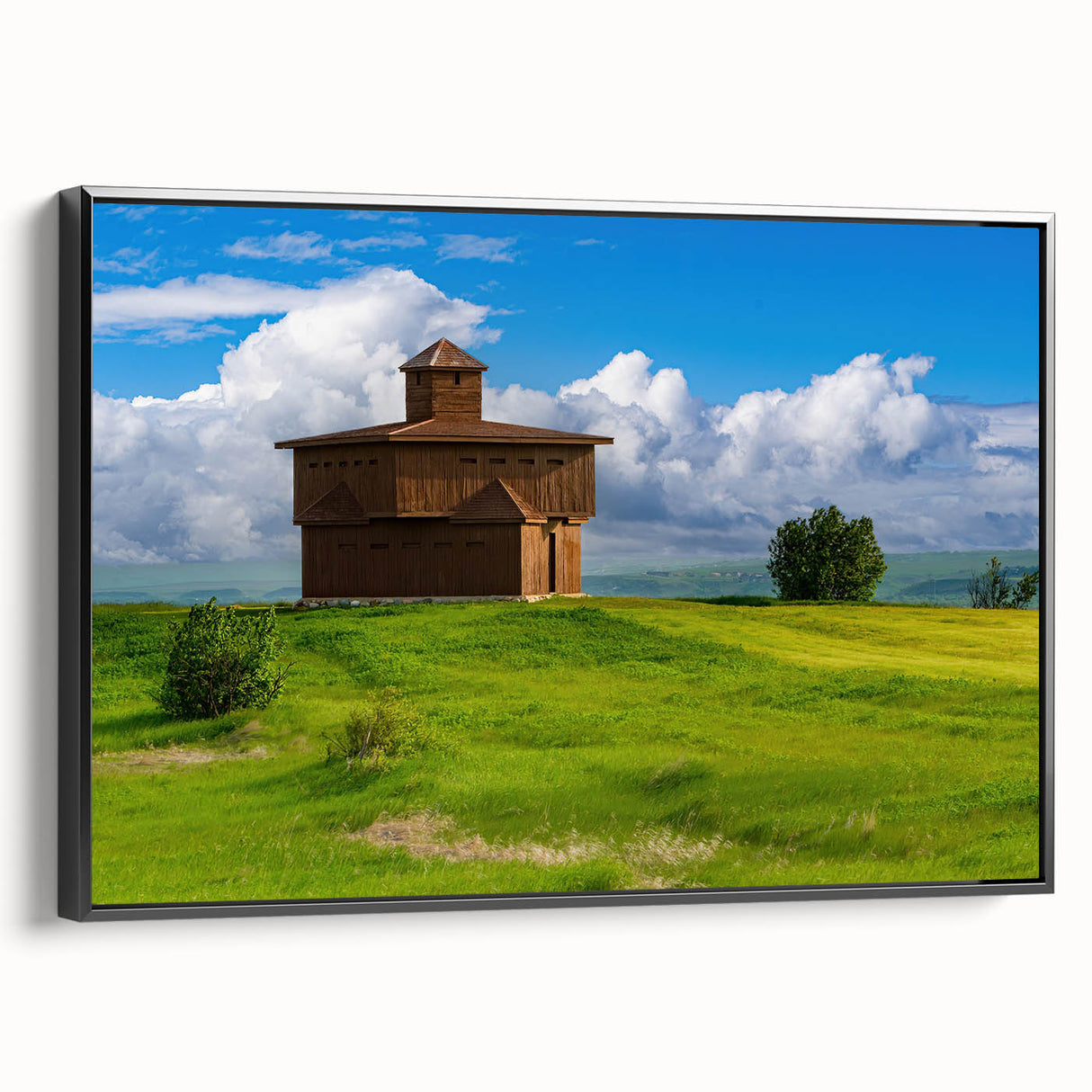 Black and white framed canvas depicting a vintage North Dakota landscape, ideal for bedroom wall art.