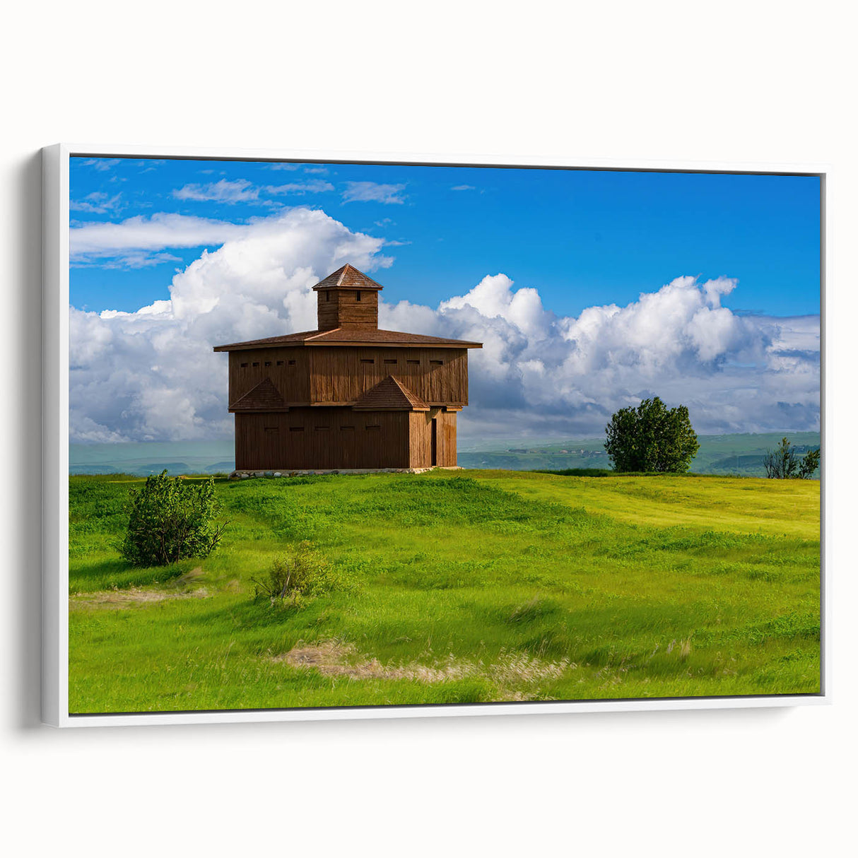 Vintage poster art of North Dakota scenery on framed canvas, with vibrant colors, ideal for living room decor.