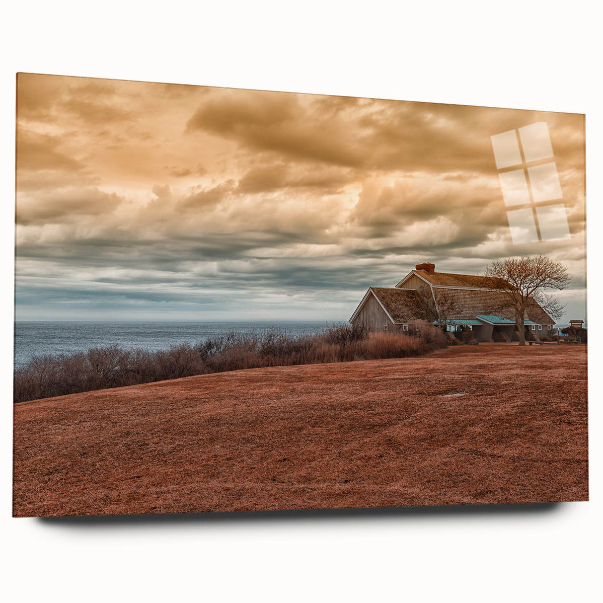 Large abstract wall art of Long Island scenery in muted blue and green tones on acrylic glass.