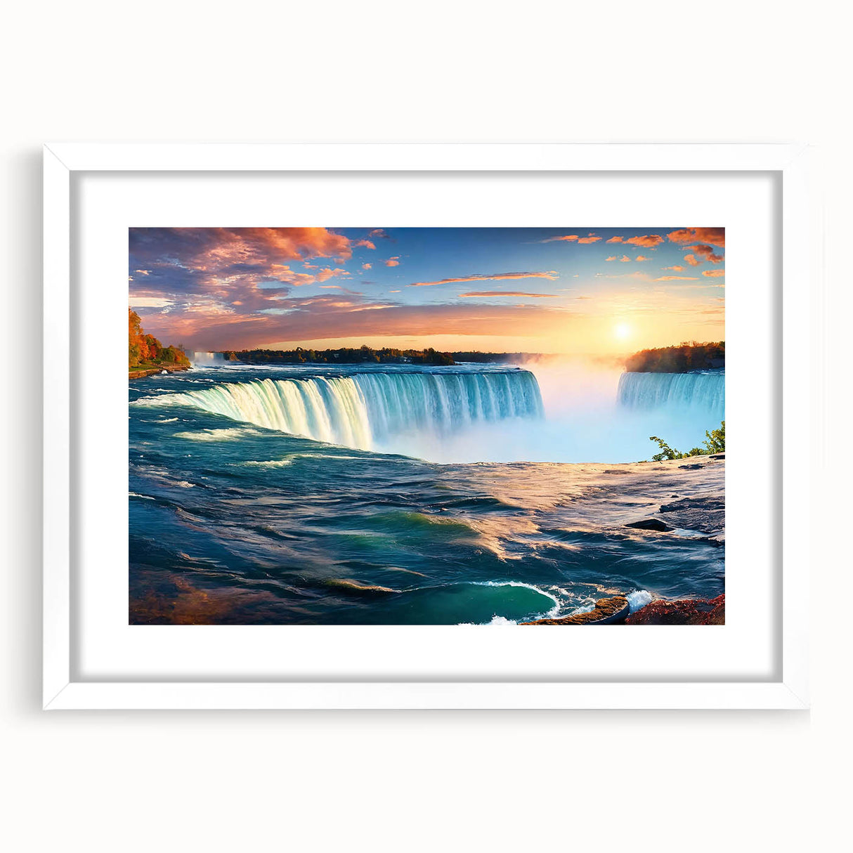 Abstract art print of Niagara Falls in muted blue and green tones on a framed white mat, suitable for dining room decor.
