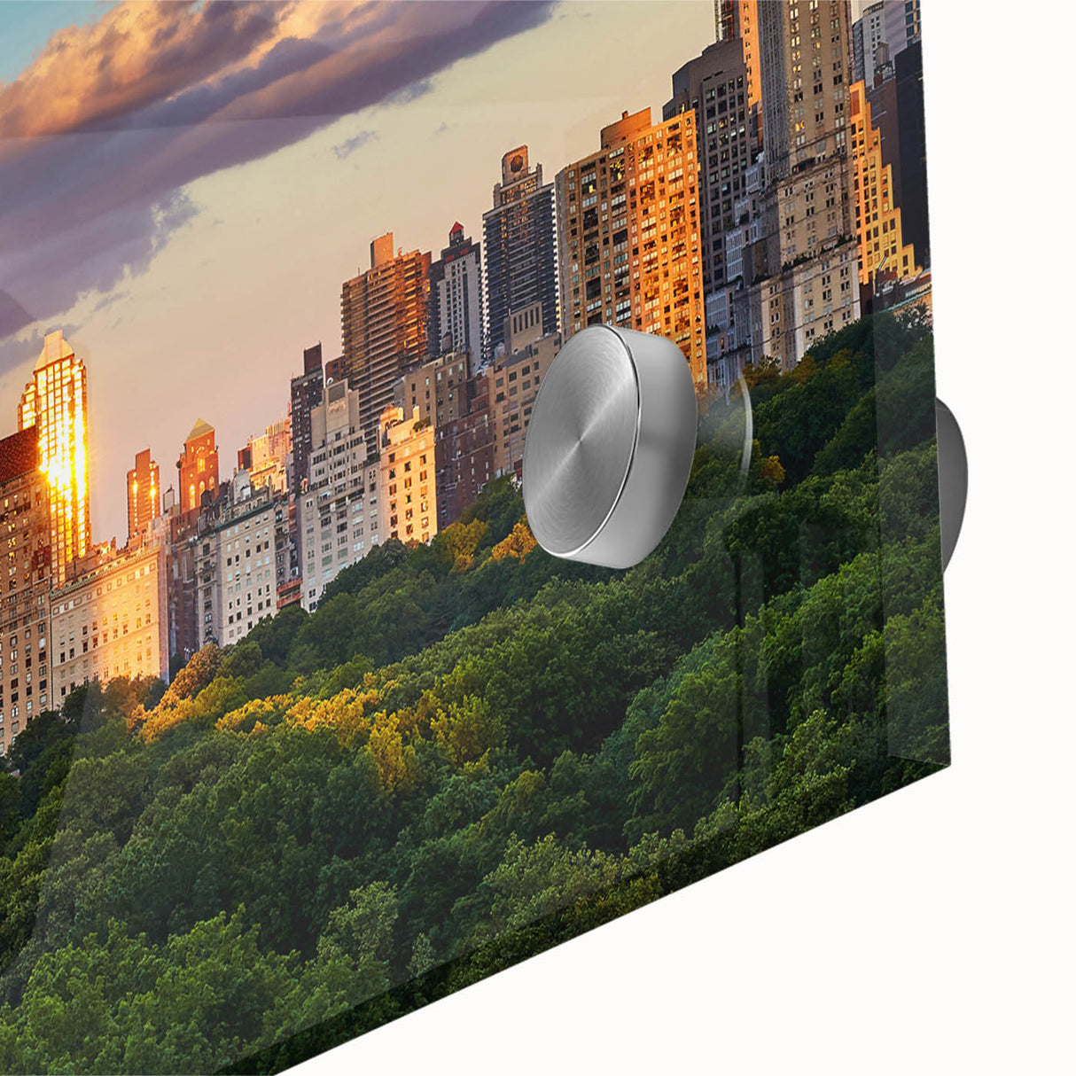 Acrylic print of abstract Central Park scenery in muted green and brown tones, suitable for dining room art.