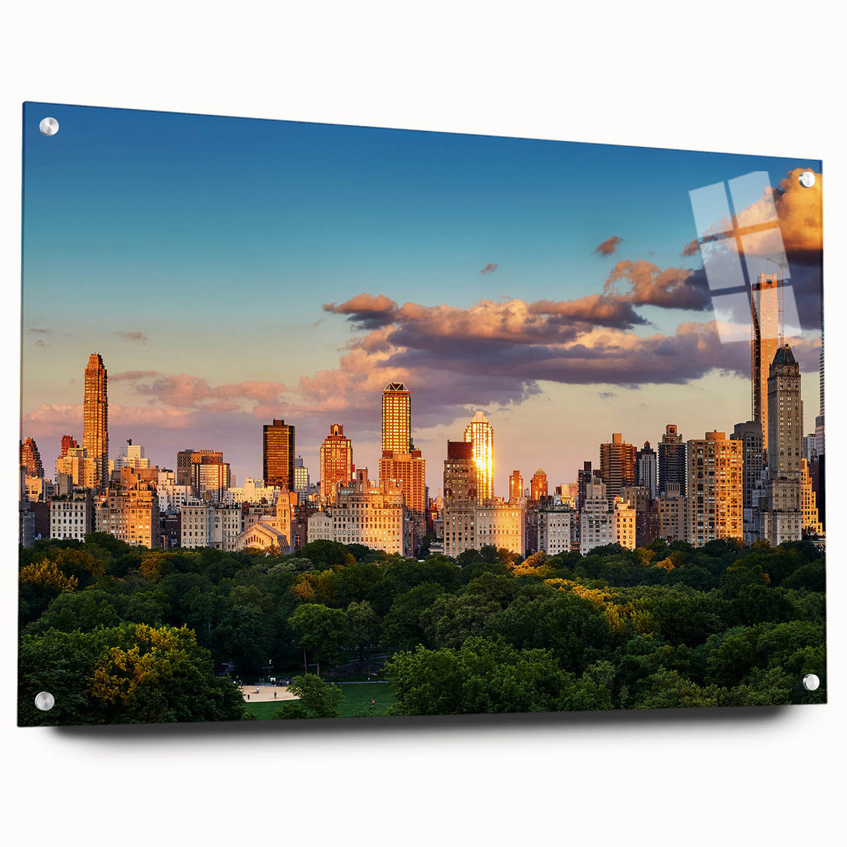 Acrylic print of Central Park in muted green and brown tones, suitable for dining room or bedroom decor.