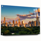Acrylic print of Central Park in muted green and brown tones, suitable for dining room or bedroom decor.