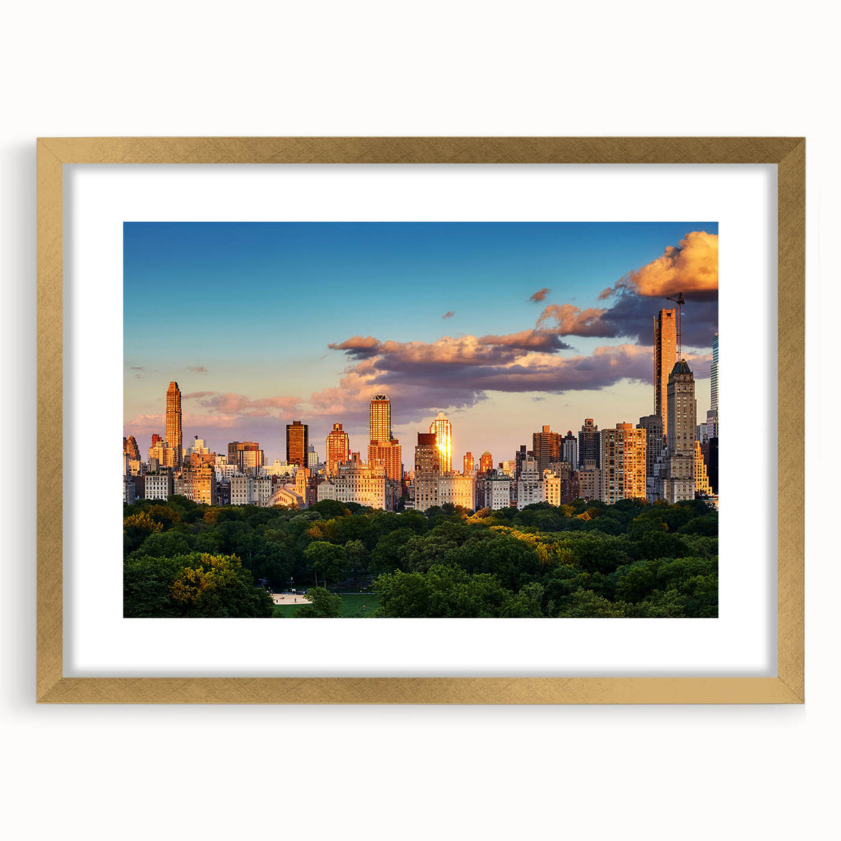 Extra large abstract art print of Central Park with textured design in gold frame, suitable for living room decor.