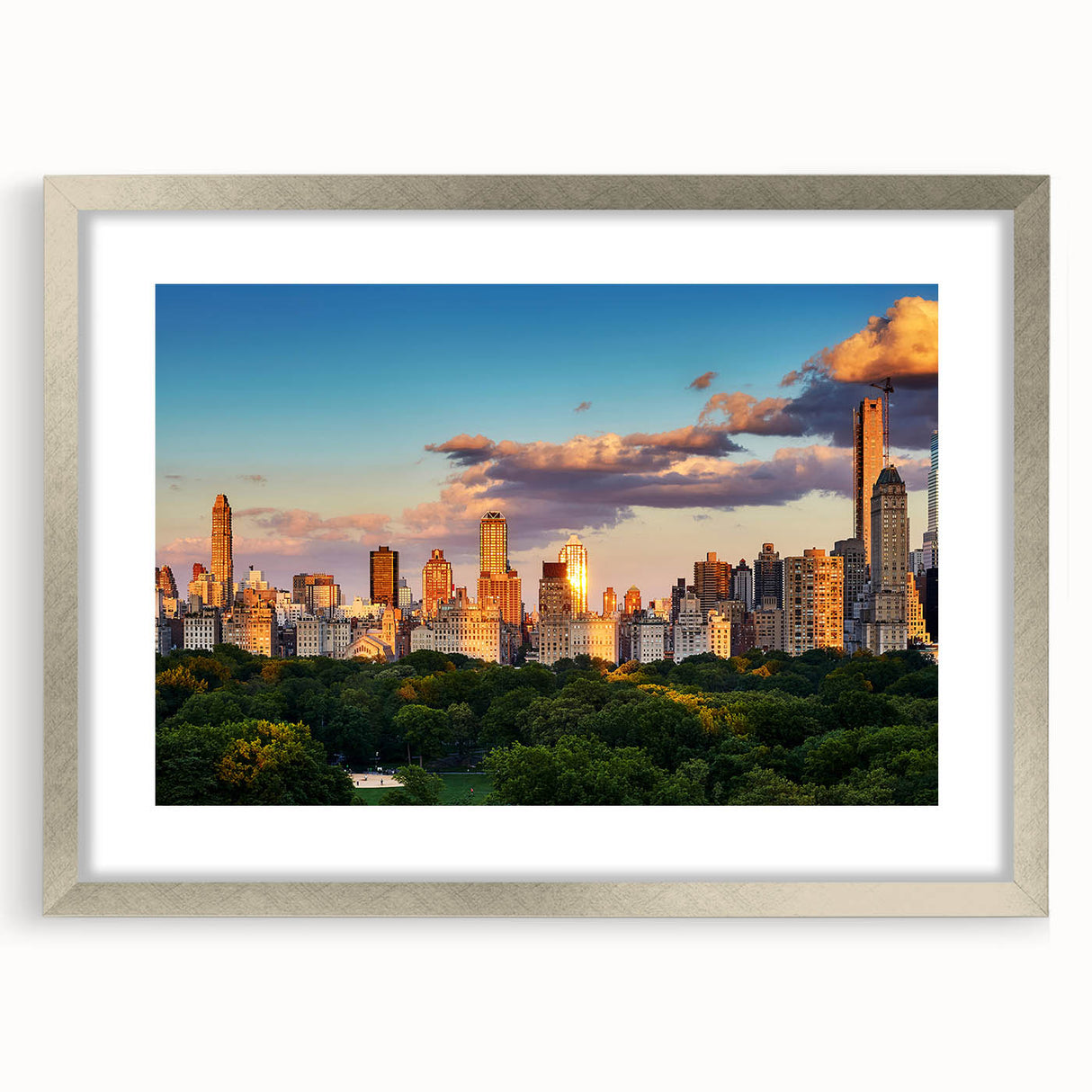 Textured art of abstract Central Park scenery in muted green and brown tones on a framed canvas, suitable for bedroom art.