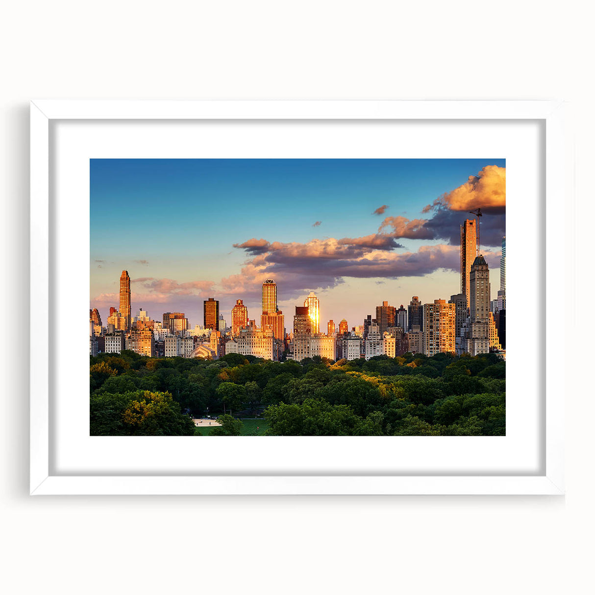 Abstract art print of Central Park with muted green and brown tones on a framed white canvas, ideal for dining room decor.