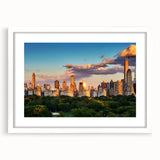Abstract art print of Central Park with muted green and brown tones on a framed white canvas, ideal for dining room decor.