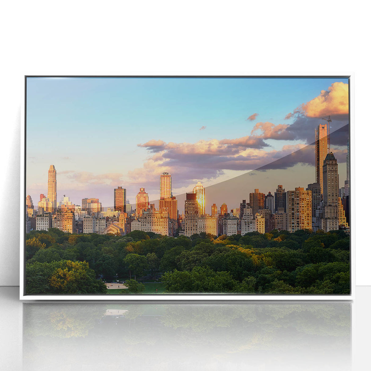 Acrylic print of Central Park with art deco style in muted green and white tones, ideal for modern nursery wall art.