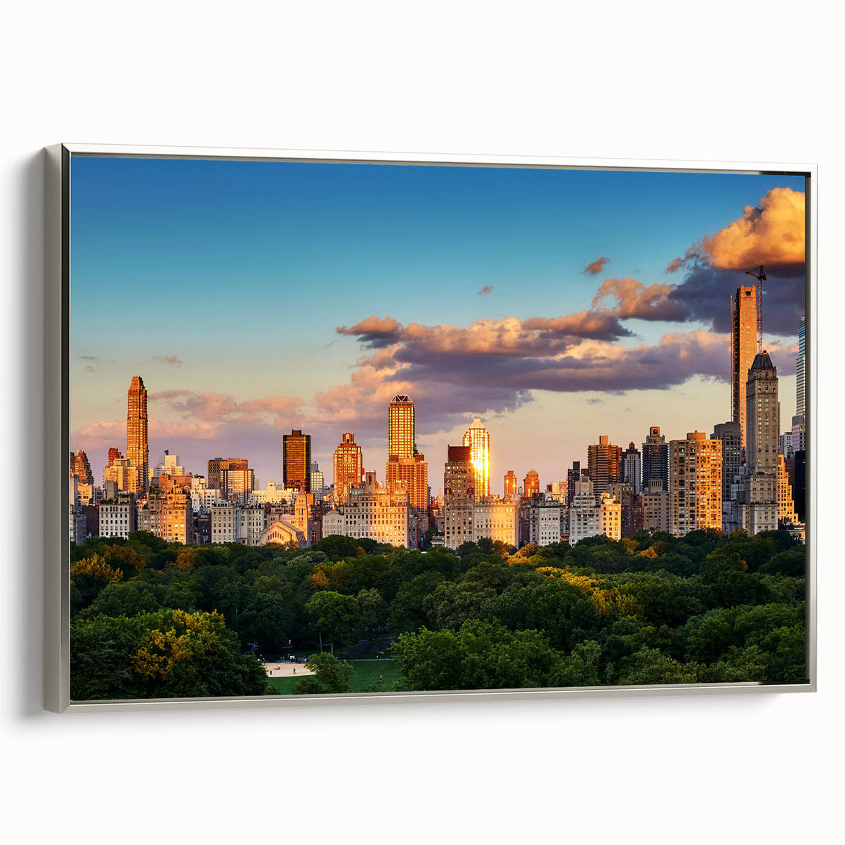 Framed canvas depicting a vintage-style landscape of Central Park in muted green and blue tones, ideal for living room decor.