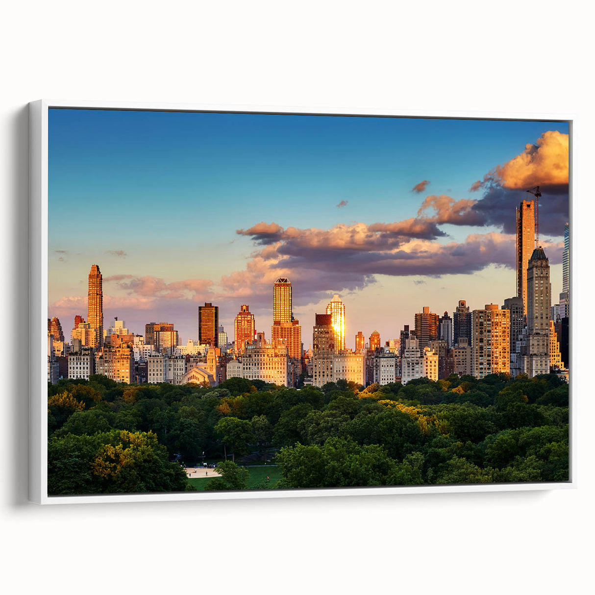Vintage poster art of Central Park with vibrant green and blue tones on a framed canvas, ideal for living room decor.