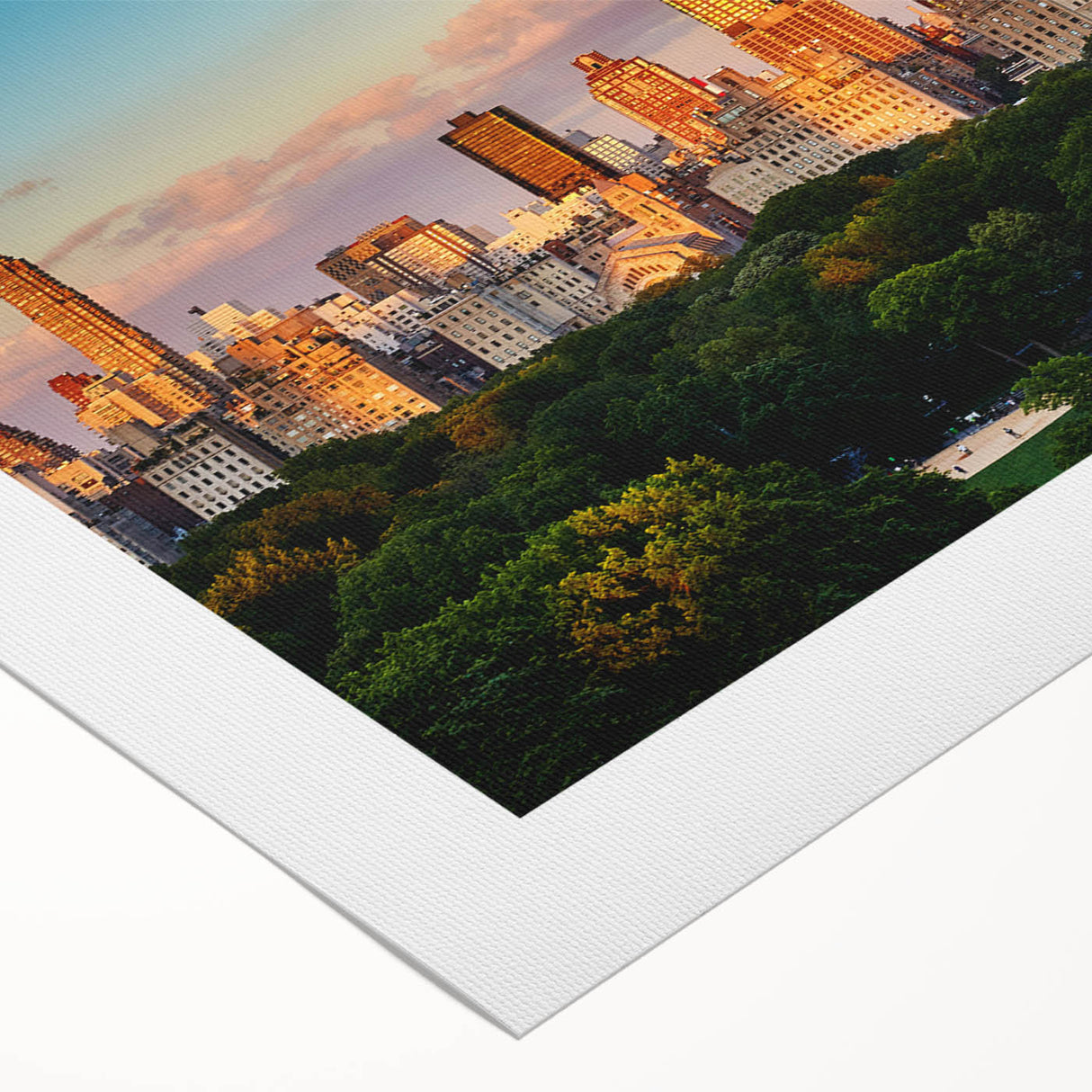 Art deco poster of Central Park with soft green and beige tones on rolled canvas, suitable for dining room wall art.