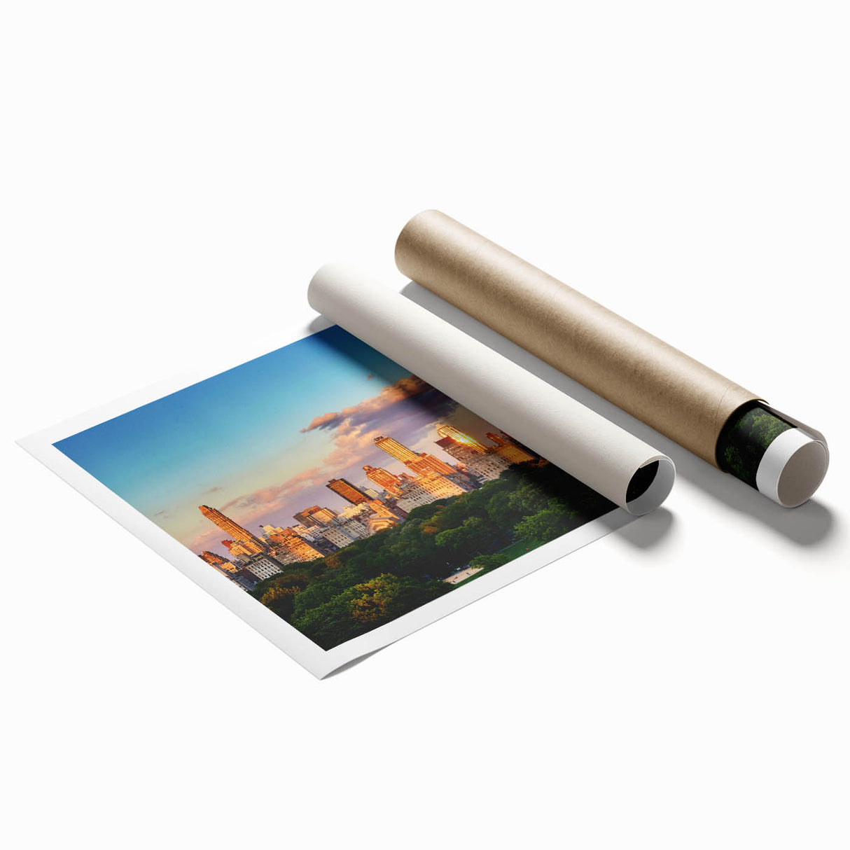 Extra large rolled print of Central Park with lush greenery and a city skyline, in muted green and blue tones.