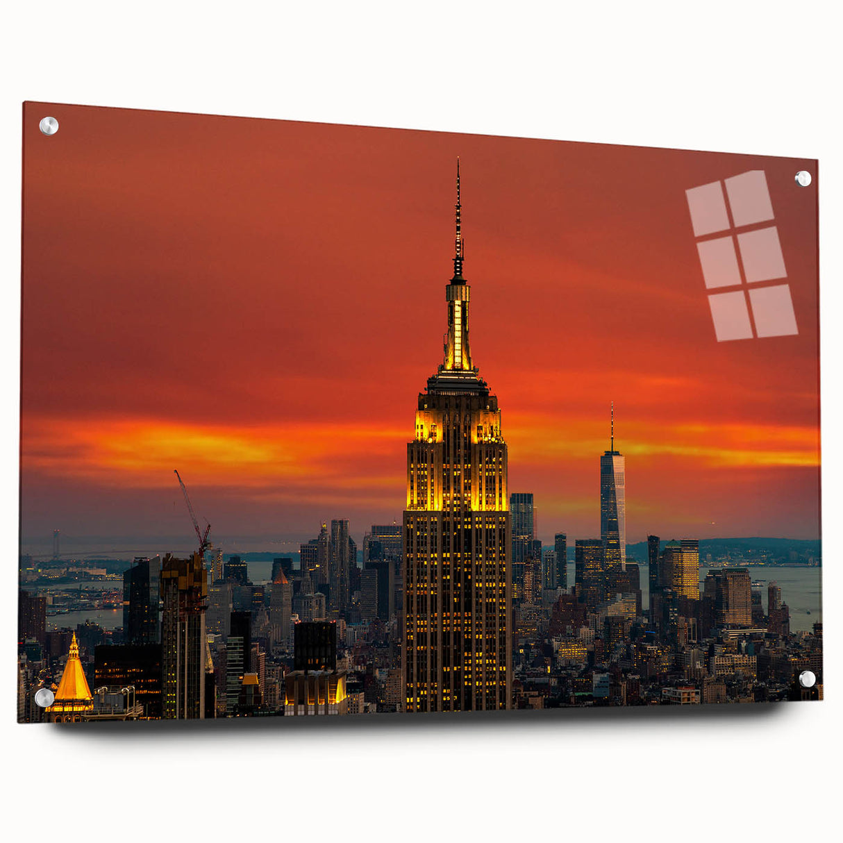 Acrylic print of the NYC skyline featuring muted gray and blue tones, suitable for bedroom or dining room decor.