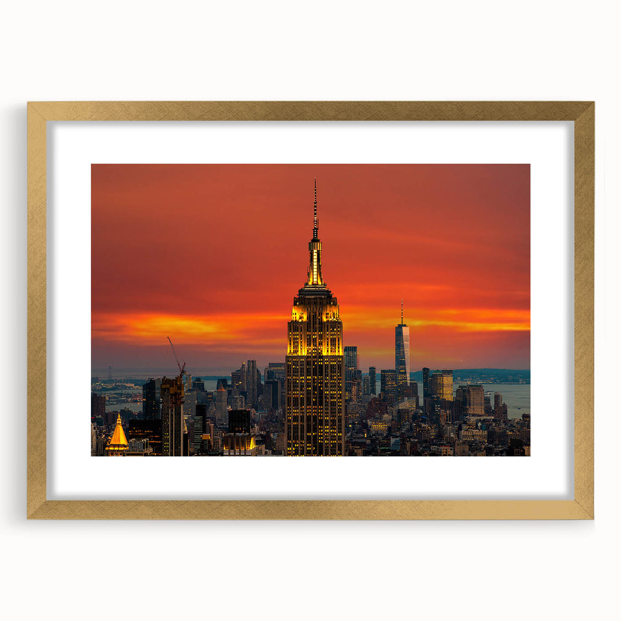Extra large abstract art print of NYC Empire State Building in muted gray tones on a textured canvas.