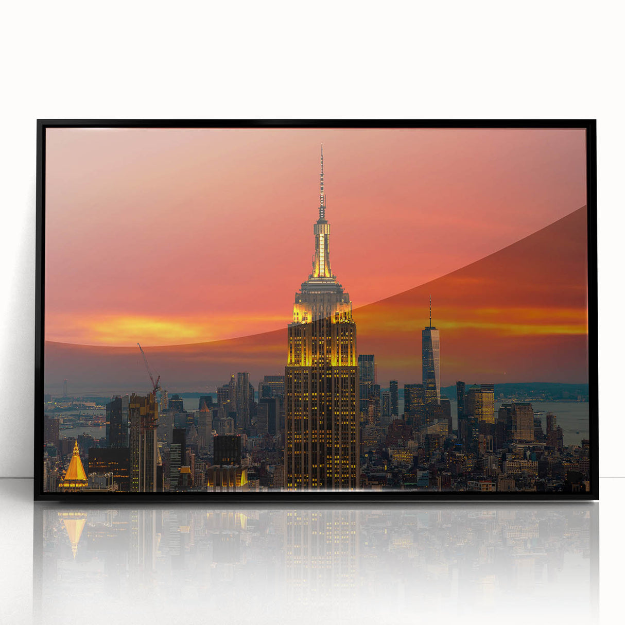 Large abstract wall art of NYC's Empire State Building in black and white, framed acrylic, ideal for modern art wall decor.