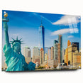 Acrylic print of Manhattan skyline in muted gray and blue tones, suitable for bedroom or dining room decor.