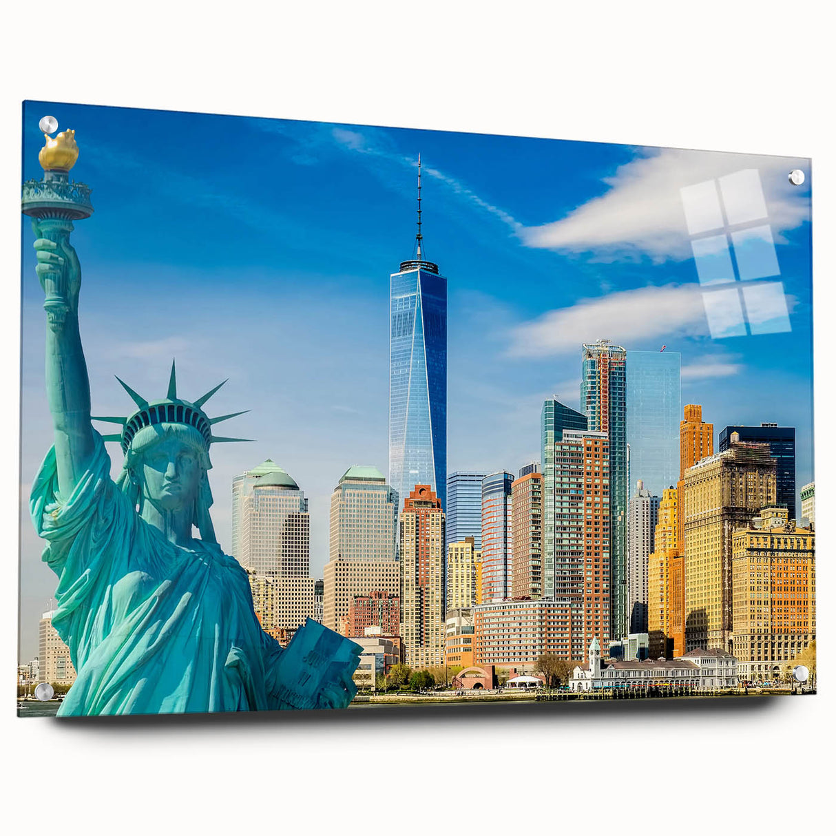 Acrylic print of Manhattan skyline in muted gray and blue tones, suitable for bedroom or dining room decor.