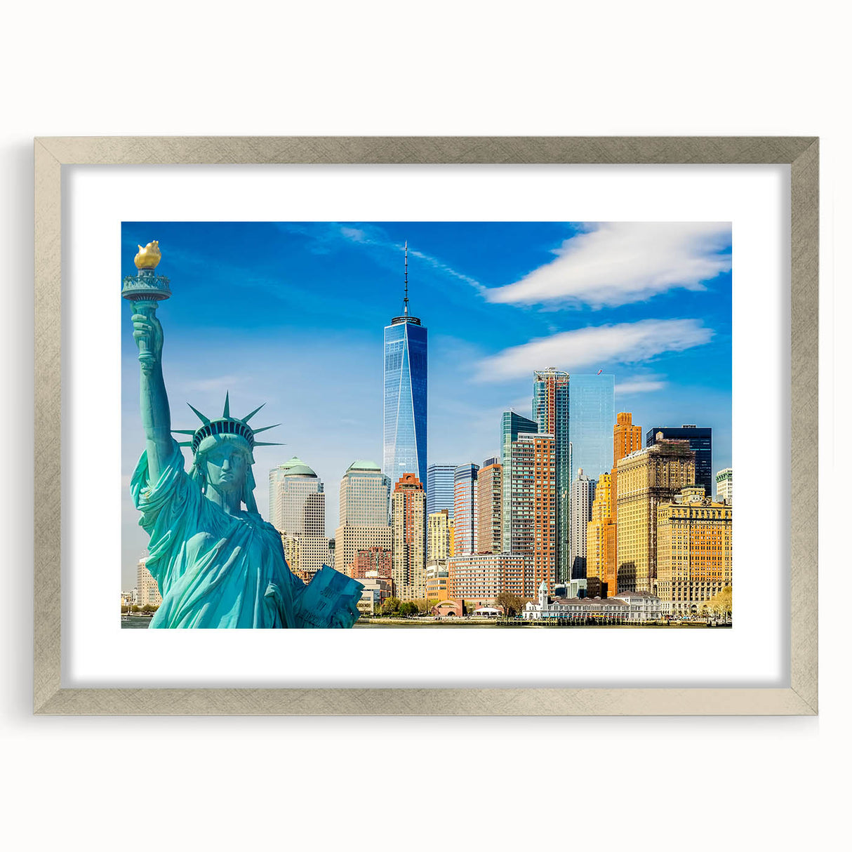 Textured abstract art print of Manhattan skyline in muted gray tones on a framed canvas, suitable for bedroom decor.