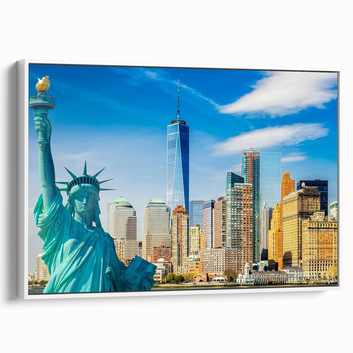 Vintage poster art of Manhattan skyline in colorful hues on a large framed canvas, ideal for living room decor.