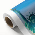 Art deco poster of Manhattan skyline in pastel shades on rolled canvas, ideal for nursery wall art.