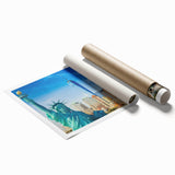 Extra large rolled print of a floral Manhattan scenery in pastel shades, suitable for classy bathroom wall art.
