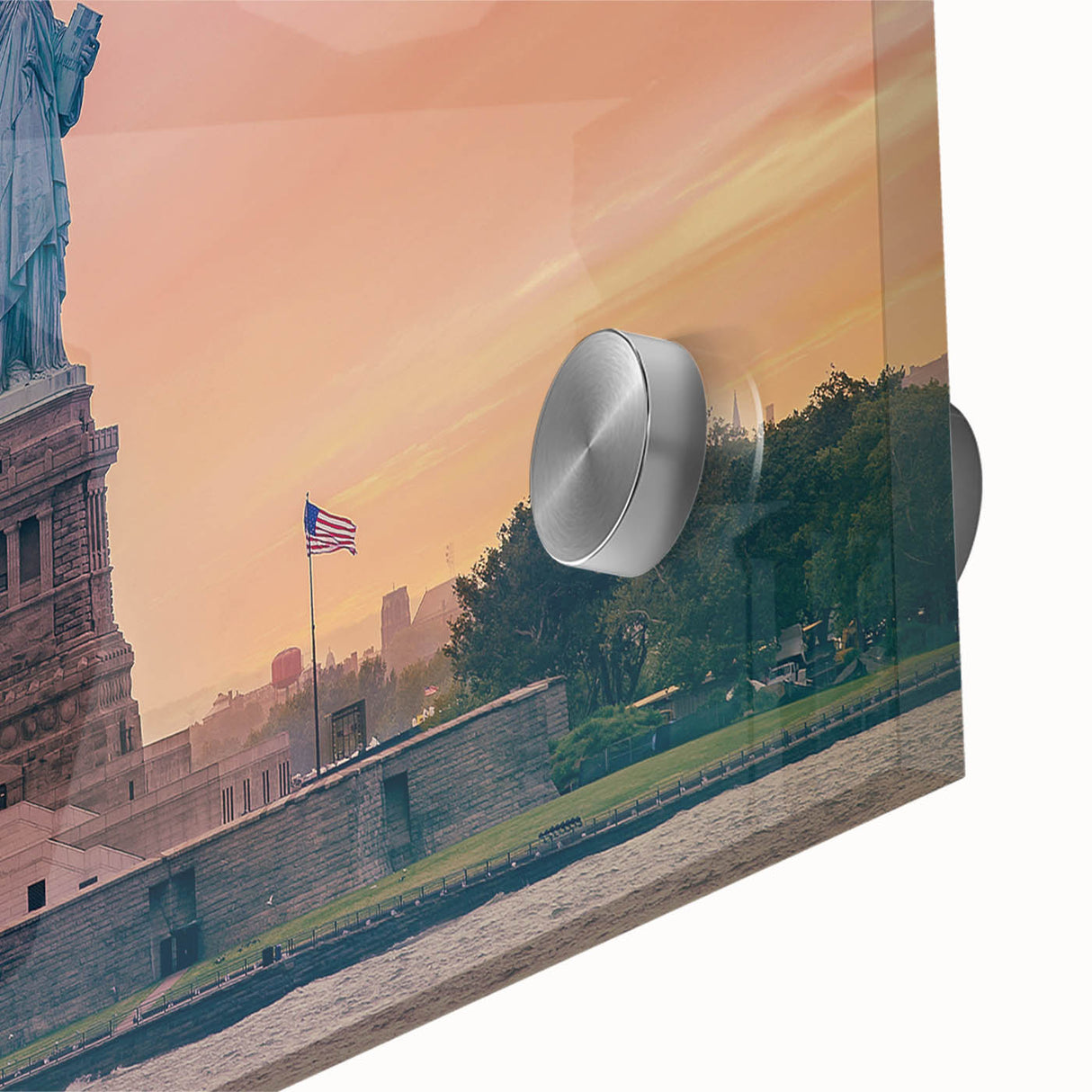 Acrylic print of the Statue of Liberty in muted green and blue tones.