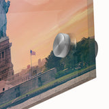Acrylic print of the Statue of Liberty in muted green and blue tones.