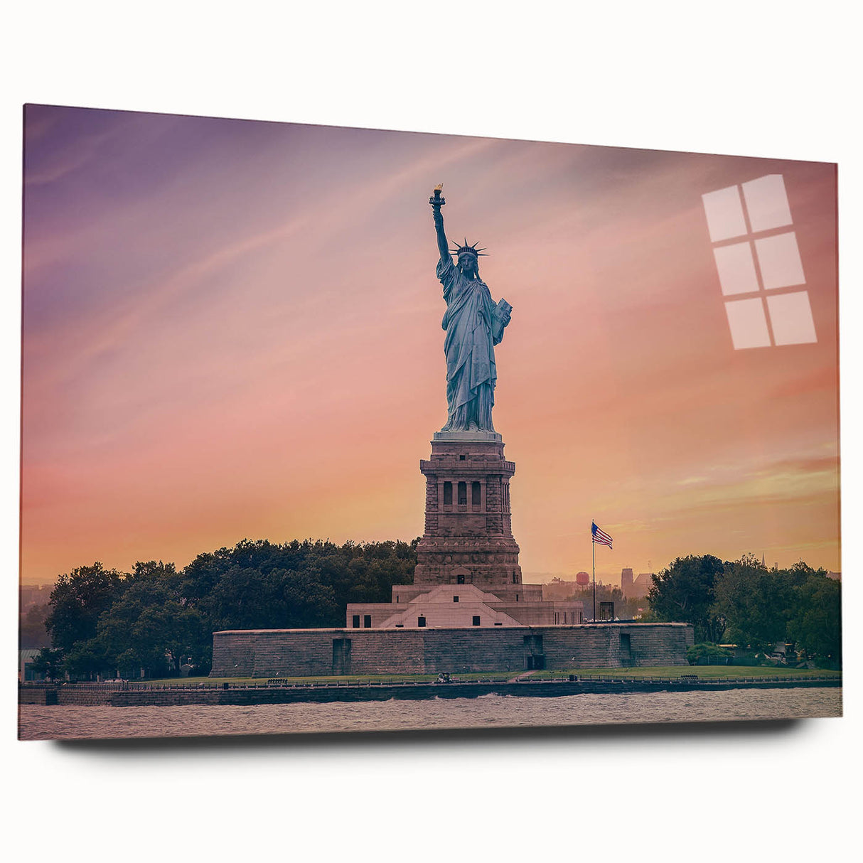 Acrylic print of the Statue of Liberty against NYC backdrop, in muted colors, suited for bedroom or dining room art.
