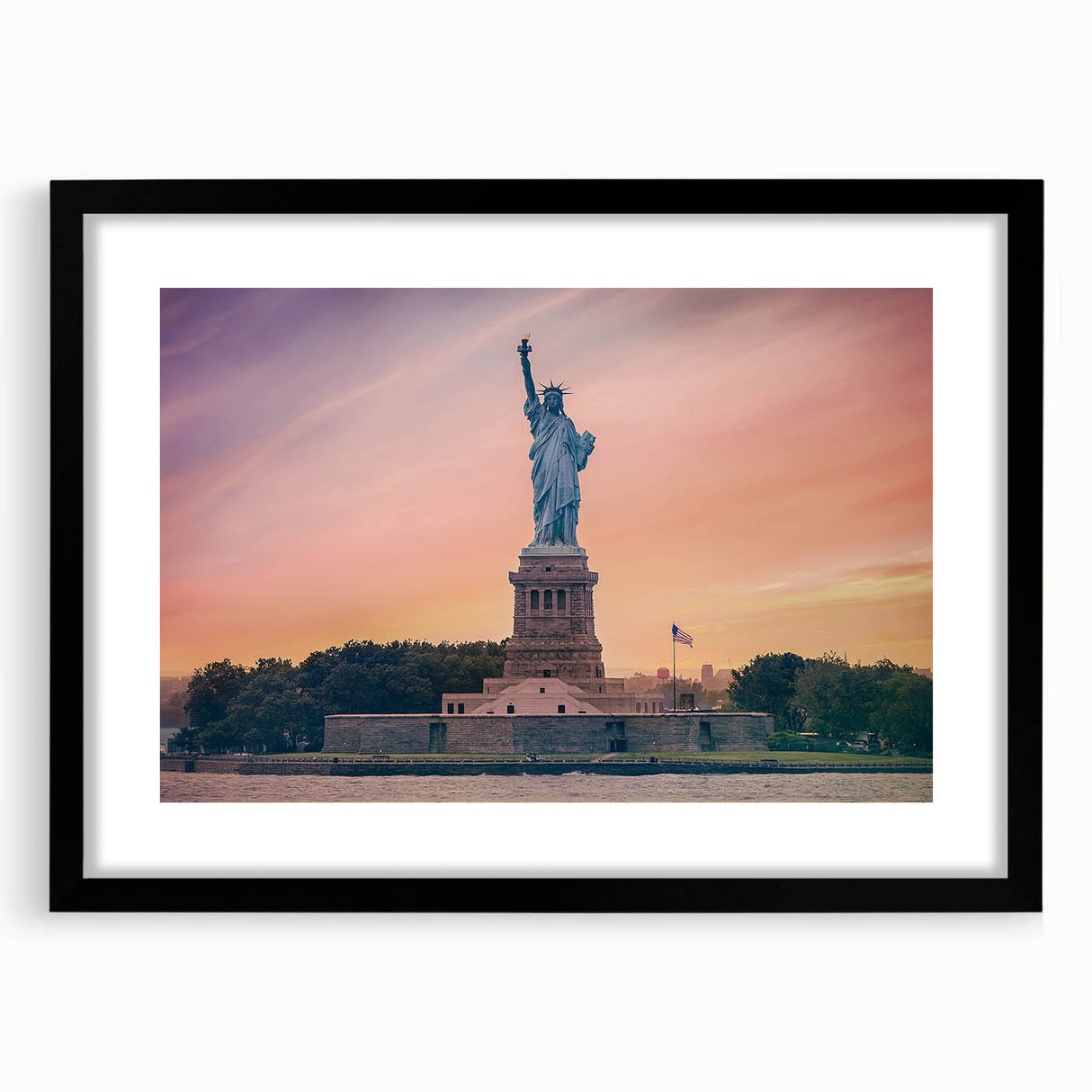 Abstract art print of the Statue of Liberty in vibrant colors on a textured, extra-large canvas, ideal for living room decor.
