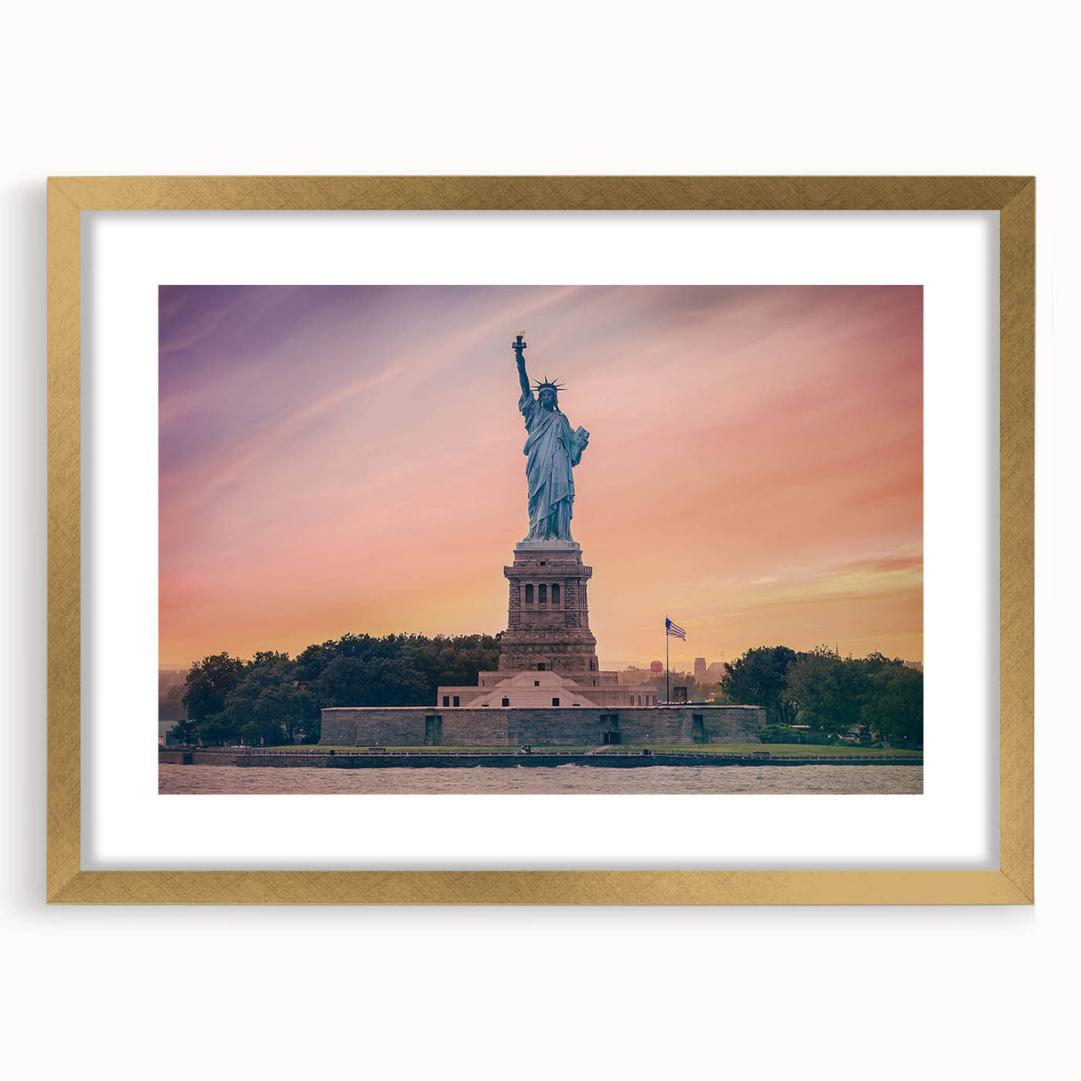 Extra large wall art featuring an abstract print of the Statue of Liberty in muted blue and gray tones, framed in gold.